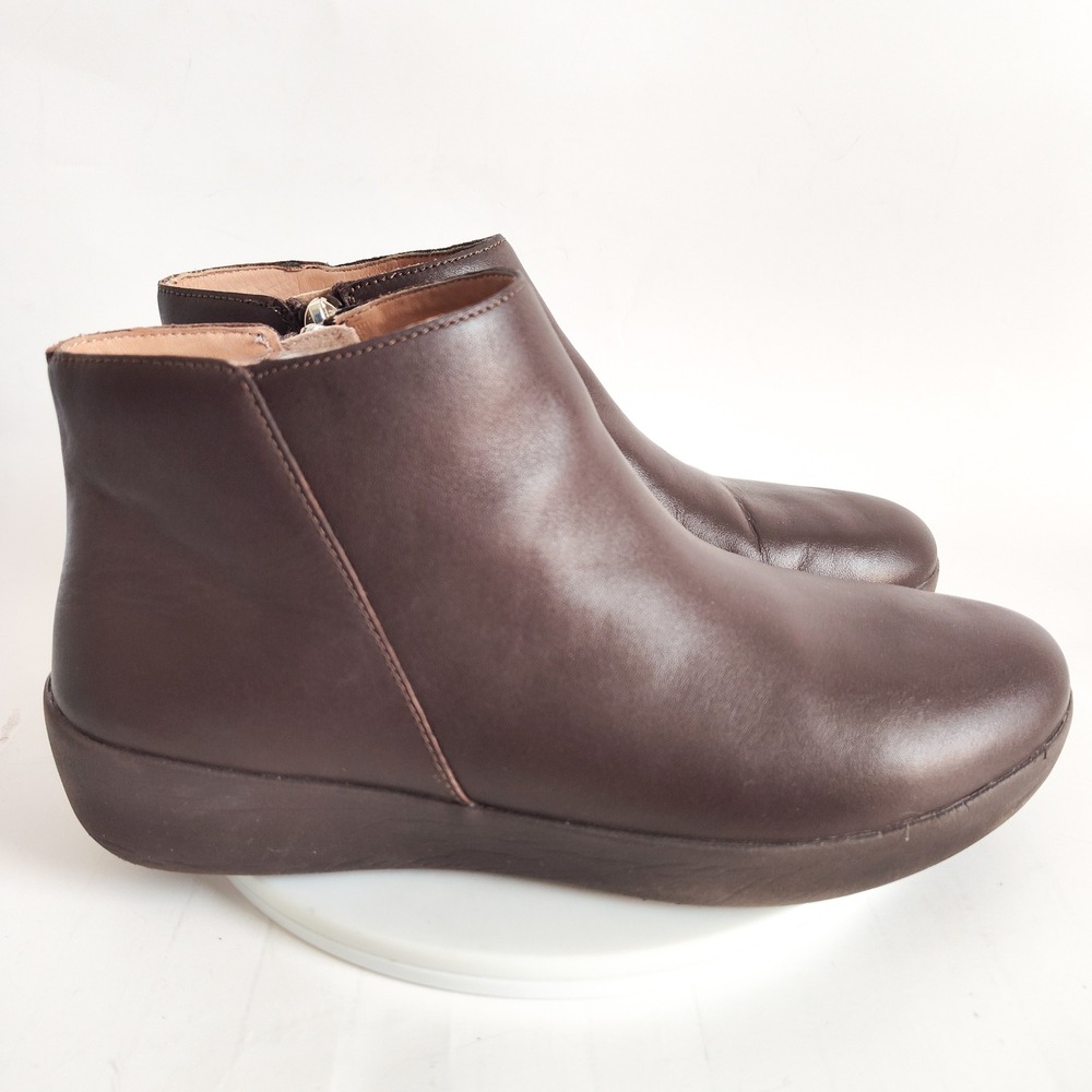 FitFlop Ankle Boots 9 Brown Leather SUMI Supercomff Zip Up Booties Comfort Shoes